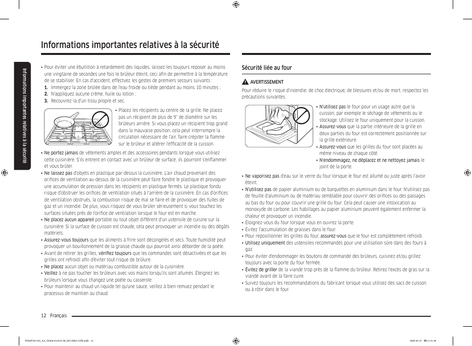 Informations importantes relatives à la sécurité | Samsung 30 Inch Slide-in Gas Smart Range Owner Manual User Manual | Page 108 / 144