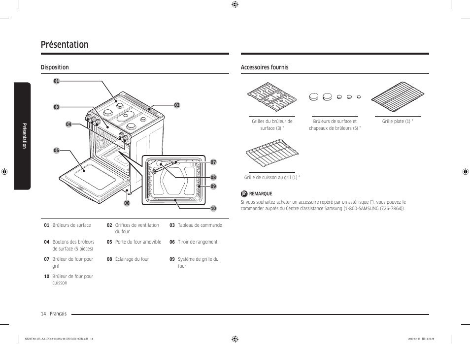 Présentation, Disposition, Accessoires fournis | Disposition 14 accessoires fournis | Samsung 30 Inch Slide-in Gas Smart Range Owner Manual User Manual | Page 110 / 144