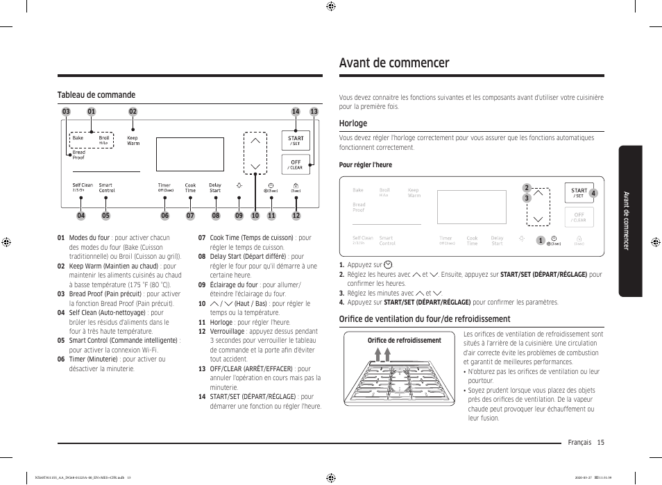 Tableau de commande, Avant de commencer, Horloge | Orifice de ventilation du four/de refroidissement | Samsung 30 Inch Slide-in Gas Smart Range Owner Manual User Manual | Page 111 / 144