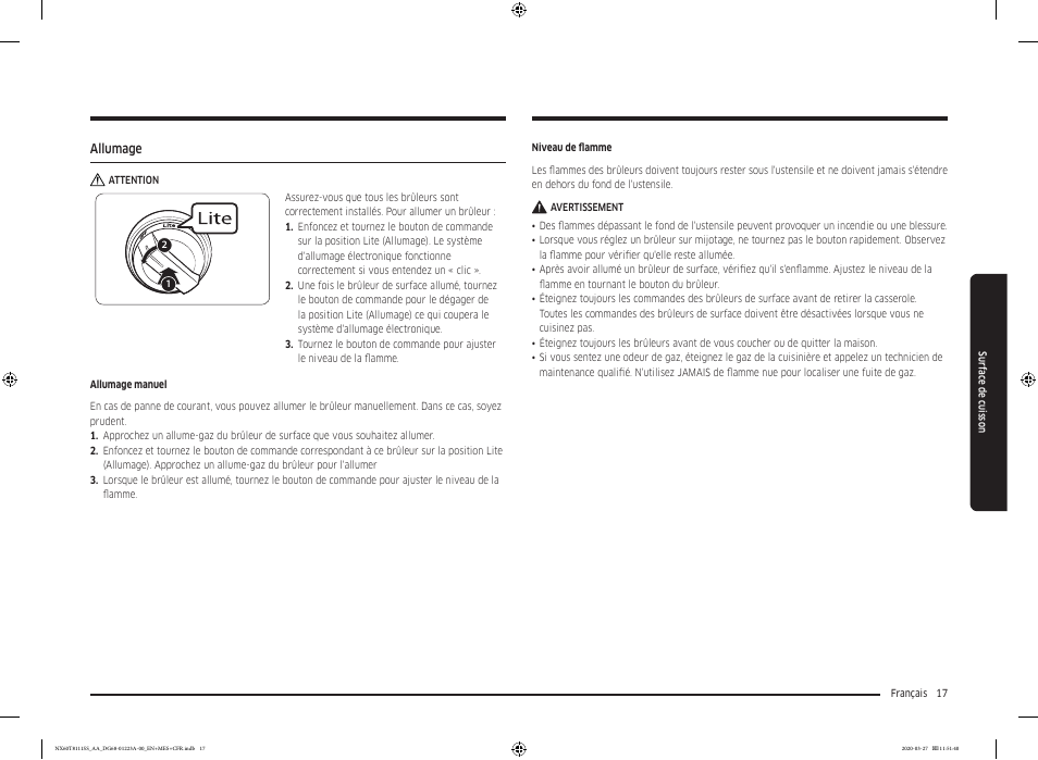 Allumage, Allumage 17 | Samsung 30 Inch Slide-in Gas Smart Range Owner Manual User Manual | Page 113 / 144