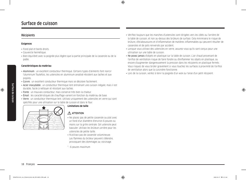 Récipients, Récipients 18, Surface de cuisson | Samsung 30 Inch Slide-in Gas Smart Range Owner Manual User Manual | Page 114 / 144