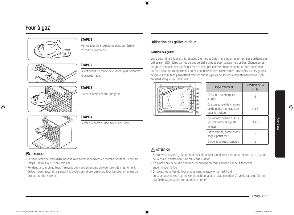 Four à gaz, Utilisation des grilles du four | Samsung 30 Inch Slide-in Gas Smart Range Owner Manual User Manual | Page 115 / 144