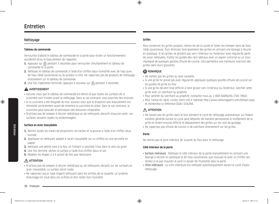 Entretien, Nettoyage, Nettoyage 30 | Samsung 30 Inch Slide-in Gas Smart Range Owner Manual User Manual | Page 126 / 144