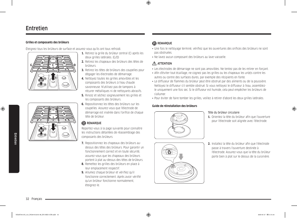 Entretien | Samsung 30 Inch Slide-in Gas Smart Range Owner Manual User Manual | Page 128 / 144