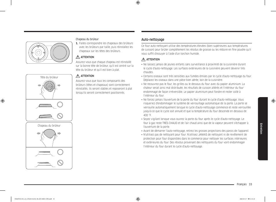 Auto-nettoyage, Auto-nettoyage 33 | Samsung 30 Inch Slide-in Gas Smart Range Owner Manual User Manual | Page 129 / 144