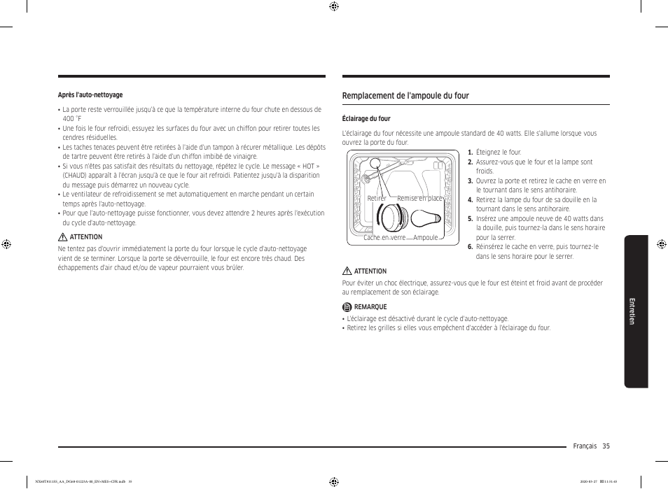 Remplacement de l'ampoule du four | Samsung 30 Inch Slide-in Gas Smart Range Owner Manual User Manual | Page 131 / 144