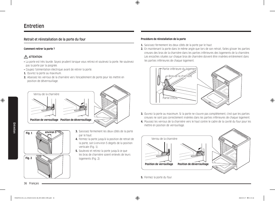 Retrait et réinstallation de la porte du four, Entretien | Samsung 30 Inch Slide-in Gas Smart Range Owner Manual User Manual | Page 132 / 144