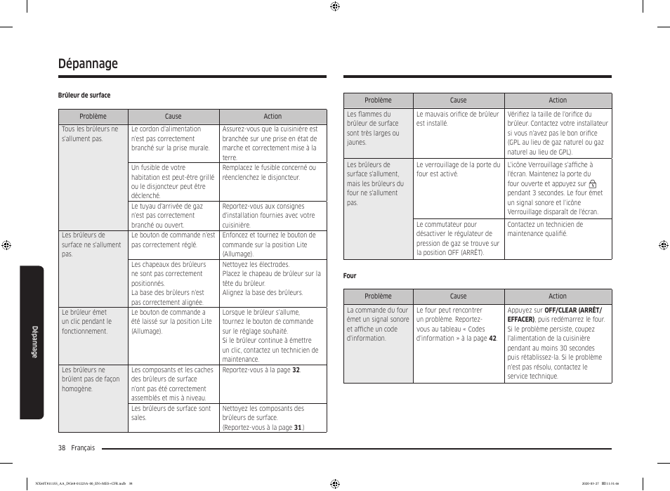 Dépannage | Samsung 30 Inch Slide-in Gas Smart Range Owner Manual User Manual | Page 134 / 144