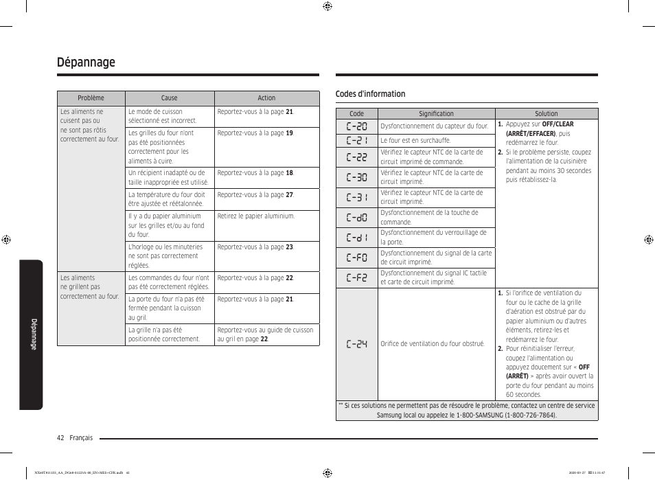 Codes d'information, Dépannage | Samsung 30 Inch Slide-in Gas Smart Range Owner Manual User Manual | Page 138 / 144