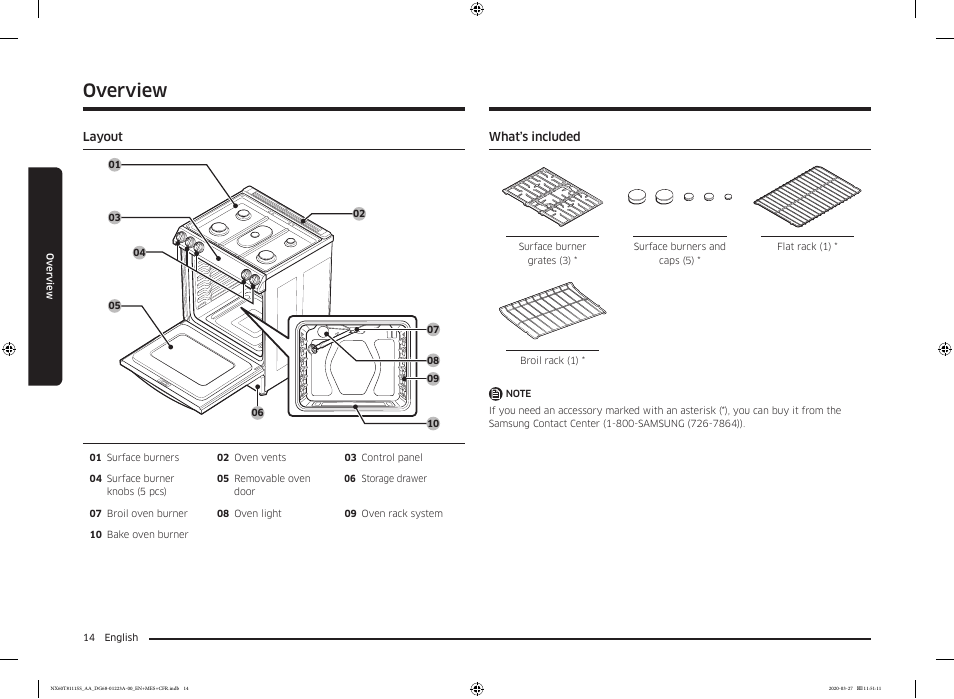 Overview, Layout, What’s included | Layout 14 what’s included | Samsung 30 Inch Slide-in Gas Smart Range Owner Manual User Manual | Page 14 / 144