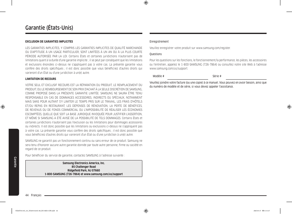 Garantie, Garantie (états-unis) | Samsung 30 Inch Slide-in Gas Smart Range Owner Manual User Manual | Page 140 / 144