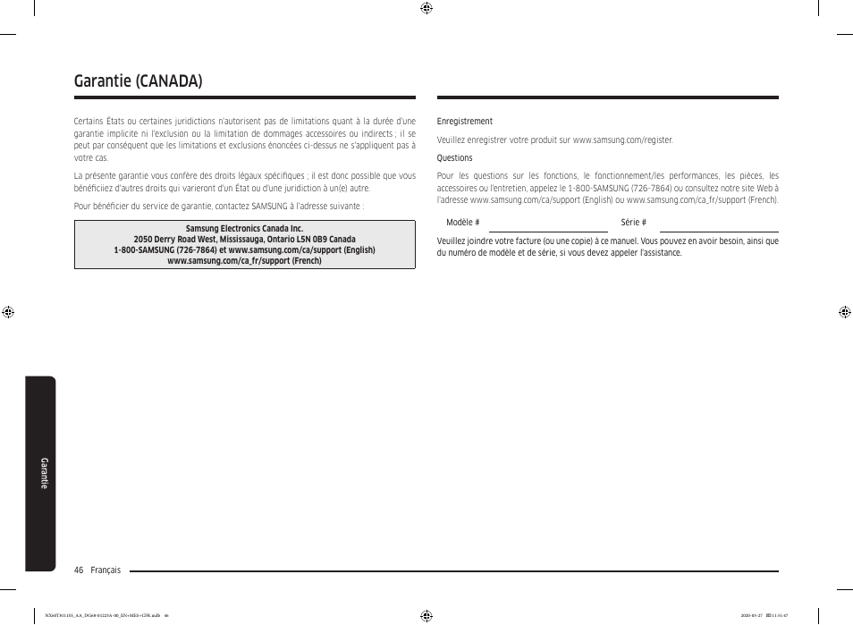 Garantie, Garantie (canada) | Samsung 30 Inch Slide-in Gas Smart Range Owner Manual User Manual | Page 142 / 144