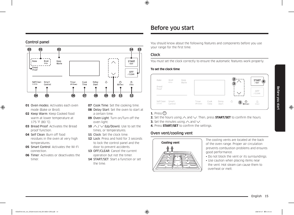 Control panel, Before you start, Clock | Oven vent/cooling vent, Clock 15 oven vent/cooling vent | Samsung 30 Inch Slide-in Gas Smart Range Owner Manual User Manual | Page 15 / 144