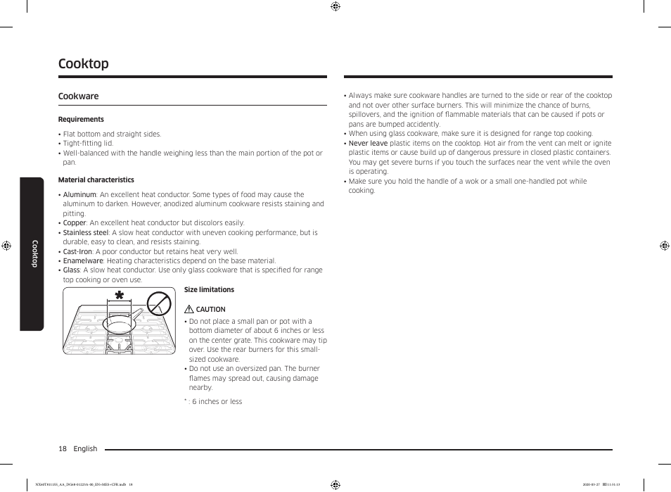 Cookware, Cookware 18, Cooktop | Samsung 30 Inch Slide-in Gas Smart Range Owner Manual User Manual | Page 18 / 144