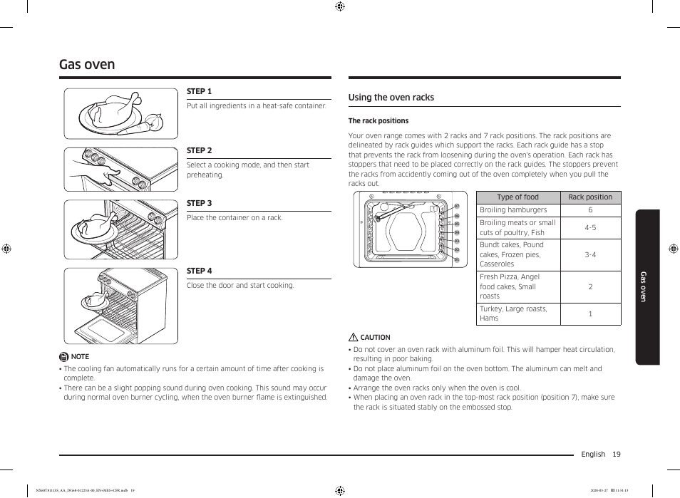 Gas oven, Using the oven racks | Samsung 30 Inch Slide-in Gas Smart Range Owner Manual User Manual | Page 19 / 144