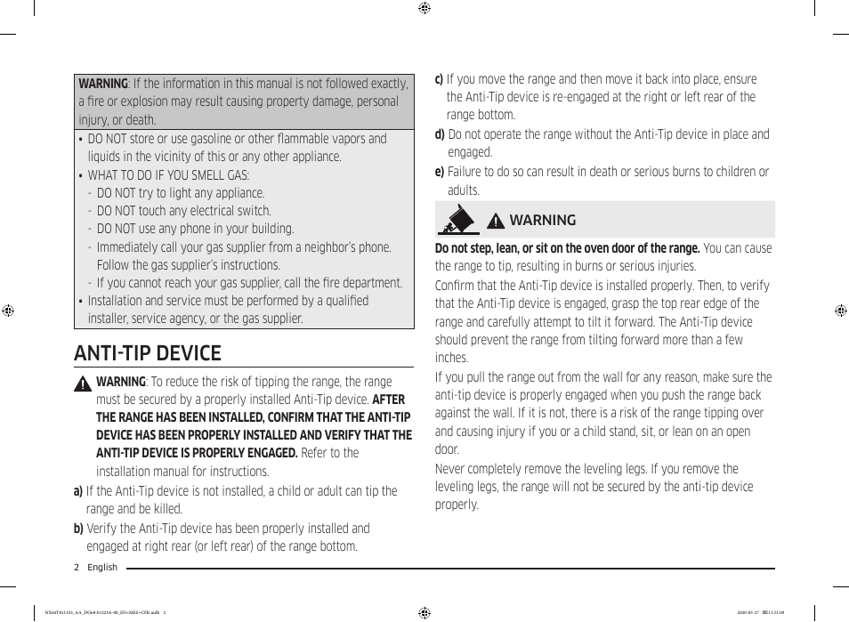 Anti-tip device | Samsung 30 Inch Slide-in Gas Smart Range Owner Manual User Manual | Page 2 / 144