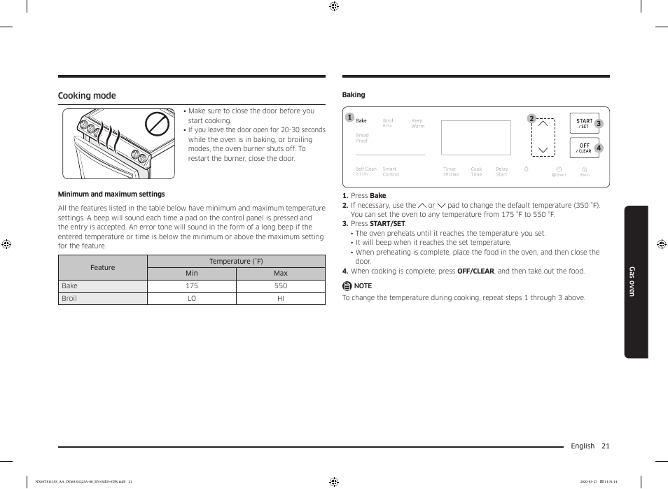 Cooking mode | Samsung 30 Inch Slide-in Gas Smart Range Owner Manual User Manual | Page 21 / 144