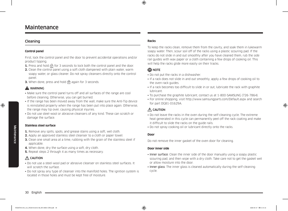 Maintenance, Cleaning, Cleaning 30 | Samsung 30 Inch Slide-in Gas Smart Range Owner Manual User Manual | Page 30 / 144