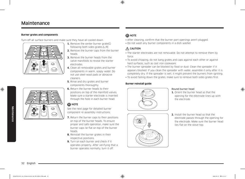 Maintenance | Samsung 30 Inch Slide-in Gas Smart Range Owner Manual User Manual | Page 32 / 144