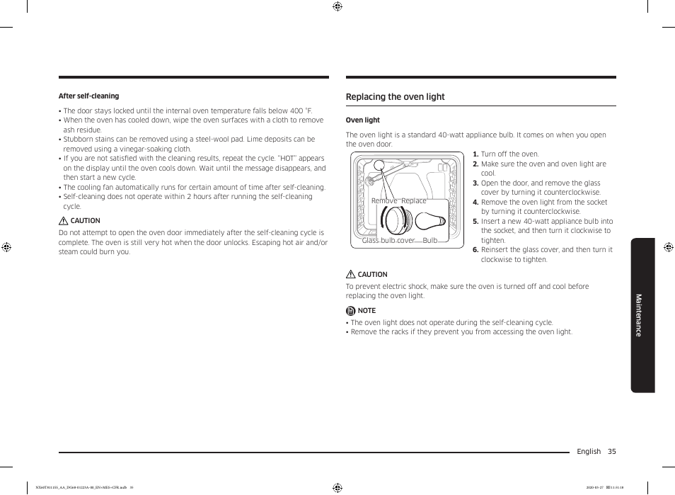 Replacing the oven light | Samsung 30 Inch Slide-in Gas Smart Range Owner Manual User Manual | Page 35 / 144