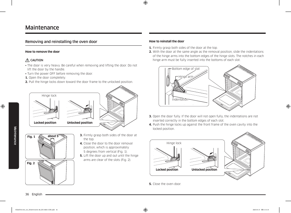 Removing and reinstalling the oven door, Maintenance | Samsung 30 Inch Slide-in Gas Smart Range Owner Manual User Manual | Page 36 / 144