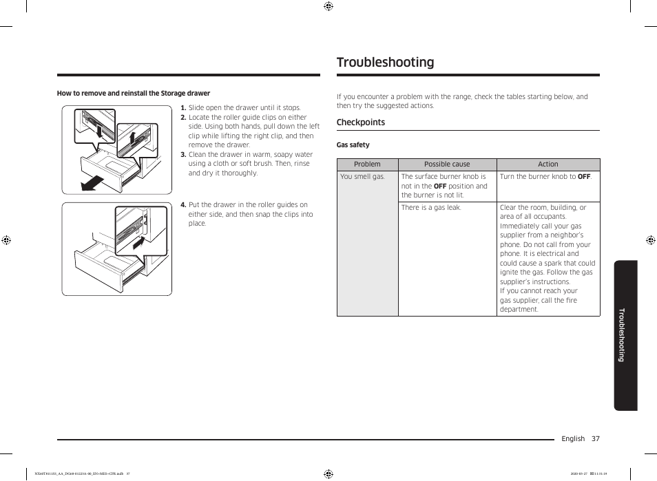 Troubleshooting, Checkpoints, Checkpoints 37 | Samsung 30 Inch Slide-in Gas Smart Range Owner Manual User Manual | Page 37 / 144