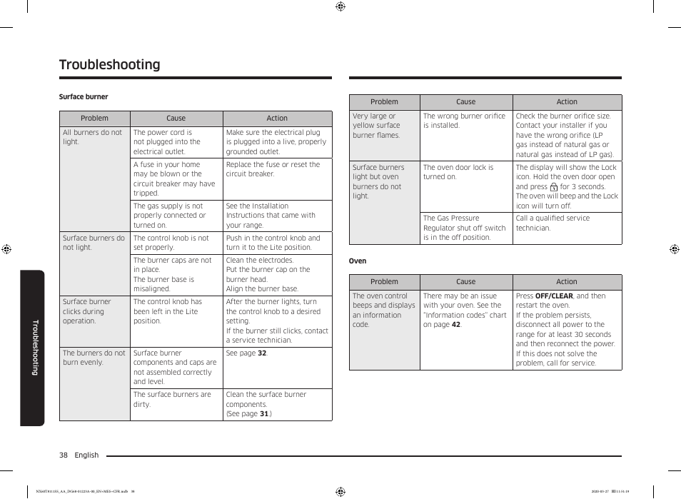 Troubleshooting | Samsung 30 Inch Slide-in Gas Smart Range Owner Manual User Manual | Page 38 / 144