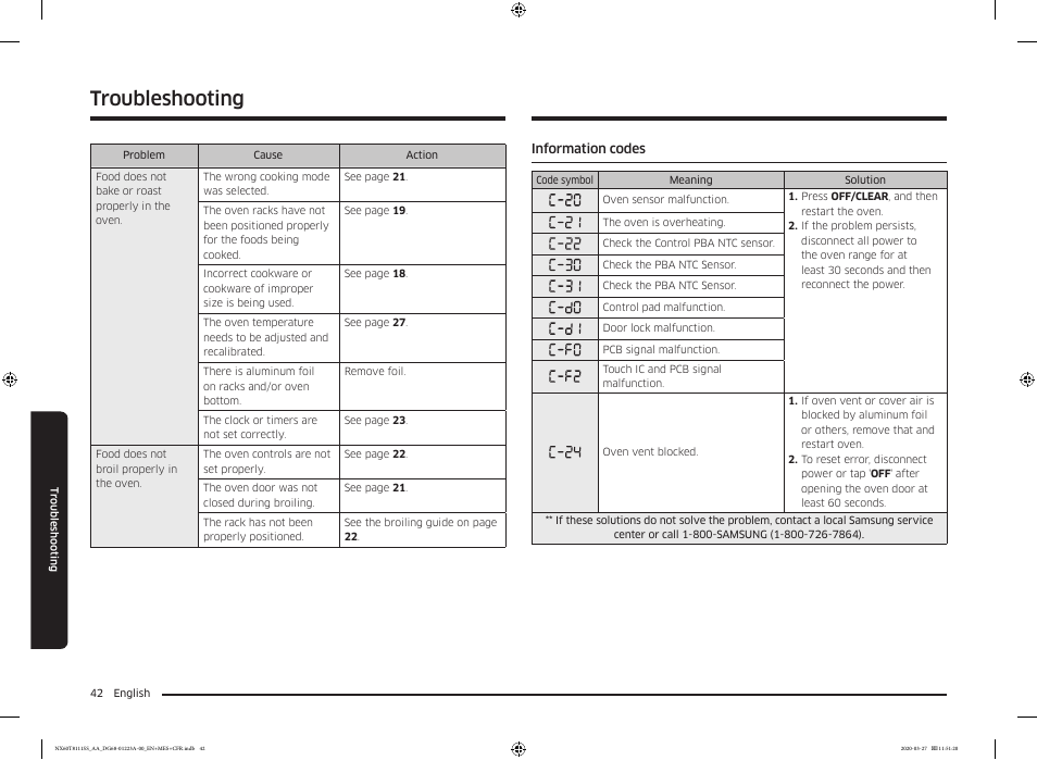 Information codes, Troubleshooting | Samsung 30 Inch Slide-in Gas Smart Range Owner Manual User Manual | Page 42 / 144