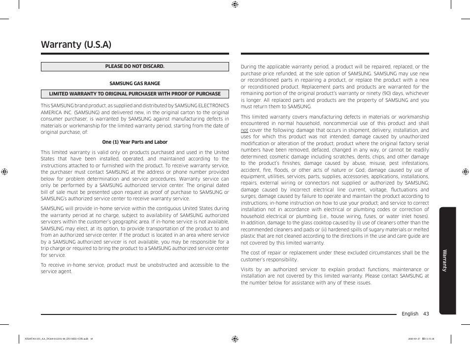 Warranty (u.s.a) | Samsung 30 Inch Slide-in Gas Smart Range Owner Manual User Manual | Page 43 / 144