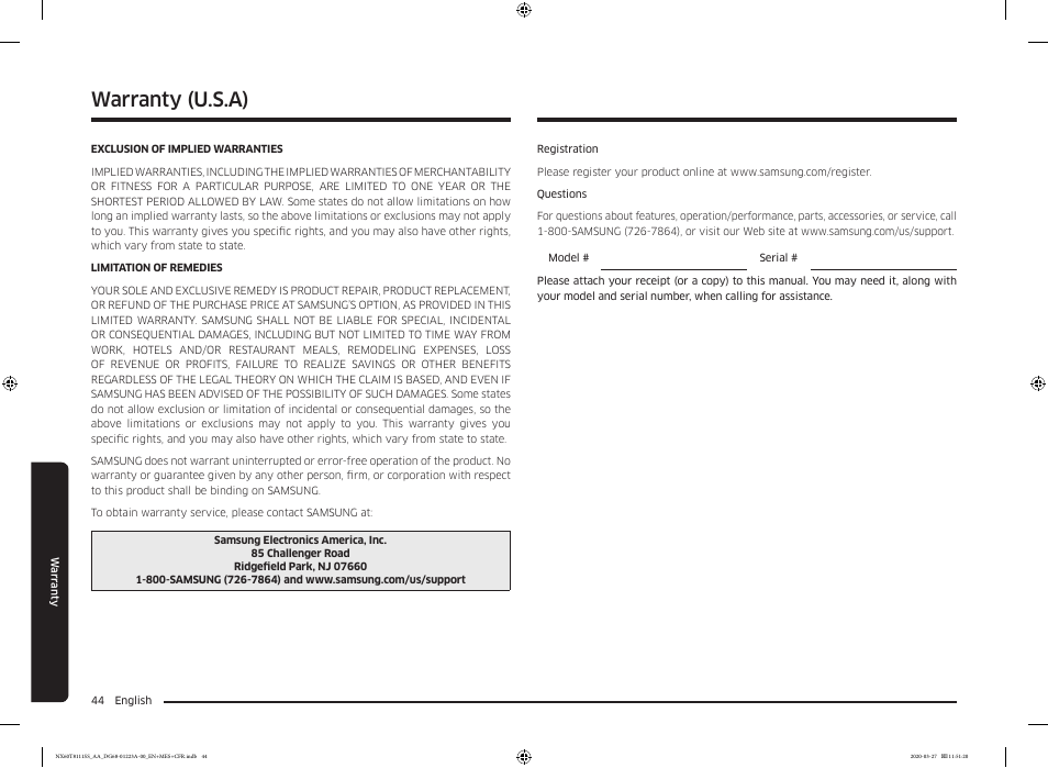 Warranty, Warranty (u.s.a) | Samsung 30 Inch Slide-in Gas Smart Range Owner Manual User Manual | Page 44 / 144