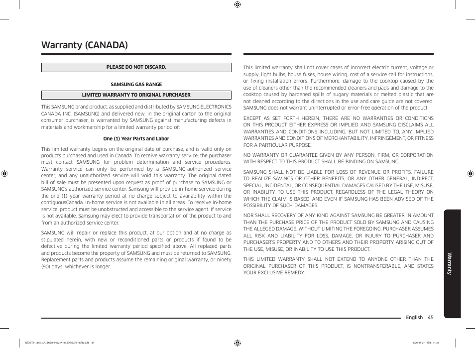 Warranty (canada) | Samsung 30 Inch Slide-in Gas Smart Range Owner Manual User Manual | Page 45 / 144