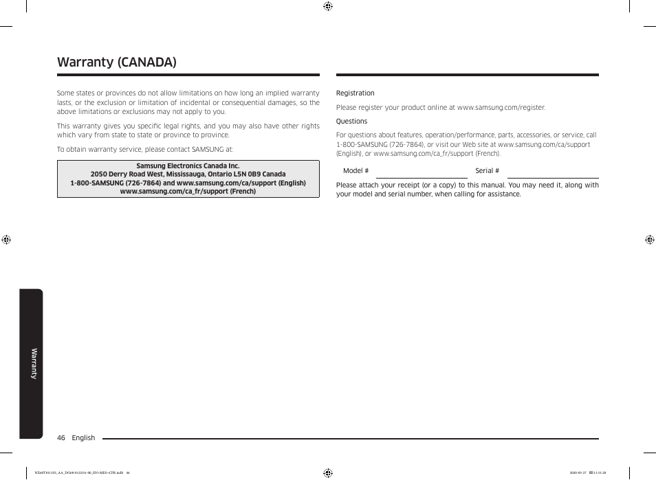 Warranty, Warranty (canada) | Samsung 30 Inch Slide-in Gas Smart Range Owner Manual User Manual | Page 46 / 144