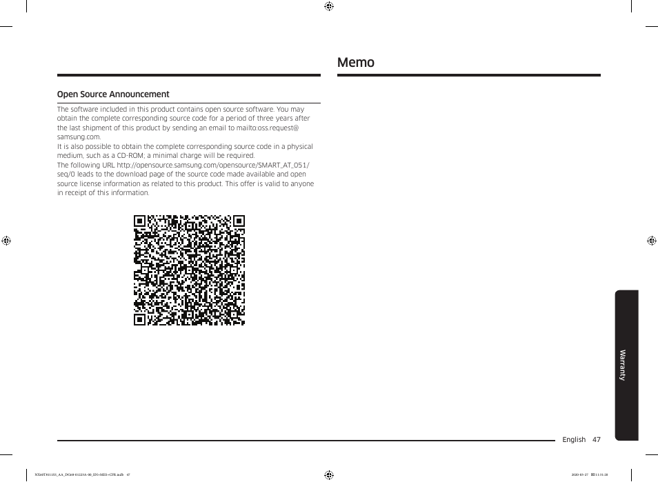 Open source announcement | Samsung 30 Inch Slide-in Gas Smart Range Owner Manual User Manual | Page 47 / 144