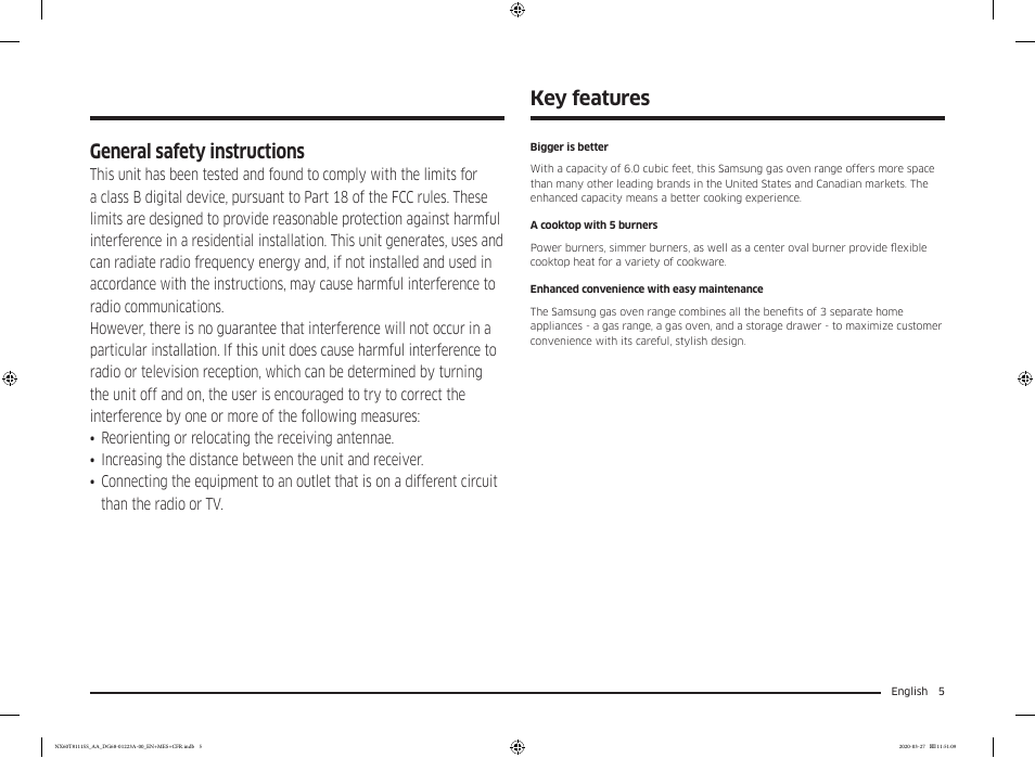 Key features, General safety instructions | Samsung 30 Inch Slide-in Gas Smart Range Owner Manual User Manual | Page 5 / 144