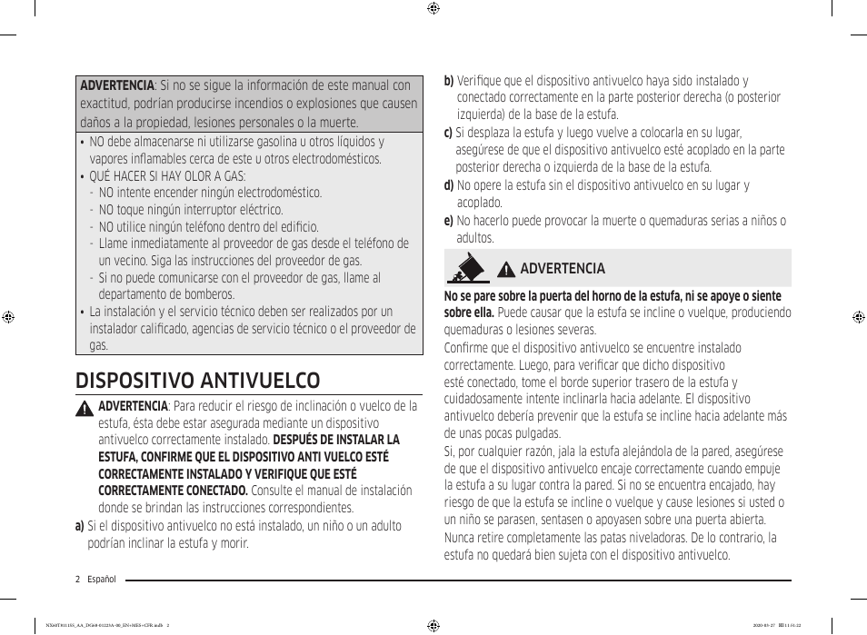 Dispositivo antivuelco | Samsung 30 Inch Slide-in Gas Smart Range Owner Manual User Manual | Page 50 / 144