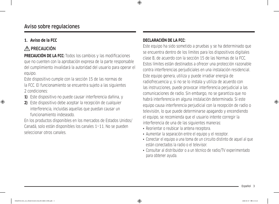 Aviso sobre regulaciones | Samsung 30 Inch Slide-in Gas Smart Range Owner Manual User Manual | Page 51 / 144