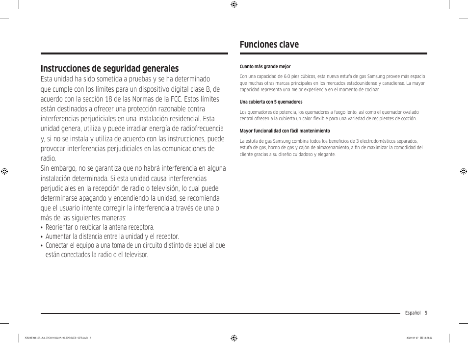 Funciones clave, Instrucciones de seguridad generales | Samsung 30 Inch Slide-in Gas Smart Range Owner Manual User Manual | Page 53 / 144