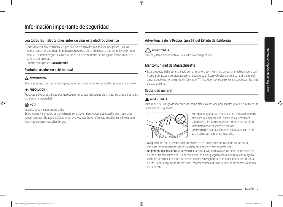 Información importante de seguridad | Samsung 30 Inch Slide-in Gas Smart Range Owner Manual User Manual | Page 55 / 144