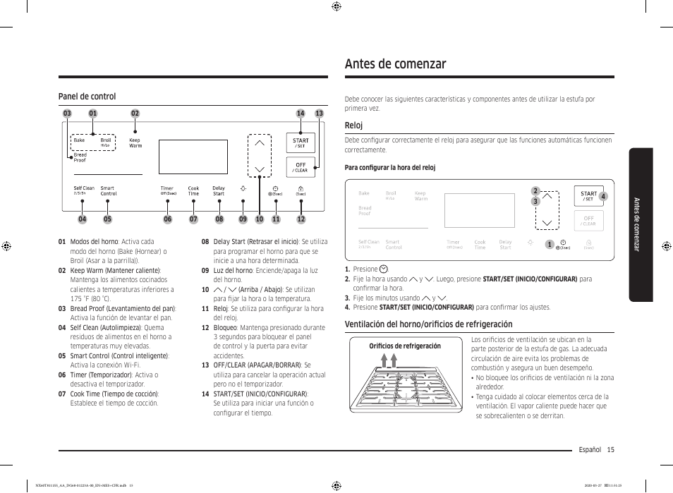 Panel de control, Antes de comenzar, Reloj | Ventilación del horno/orificios de refrigeración | Samsung 30 Inch Slide-in Gas Smart Range Owner Manual User Manual | Page 63 / 144