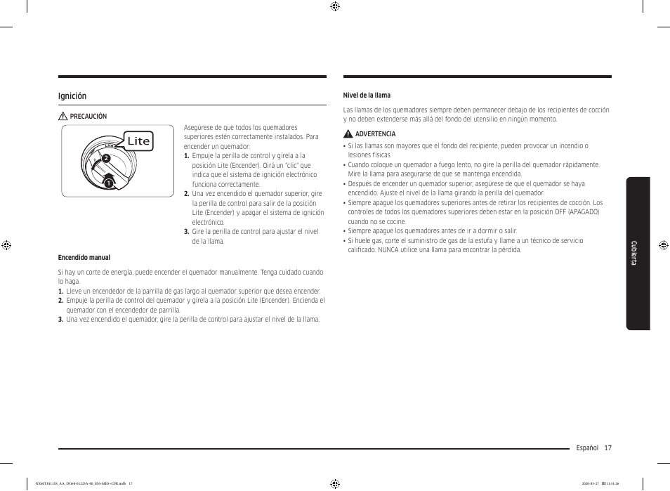 Ignición, Ignición 17 | Samsung 30 Inch Slide-in Gas Smart Range Owner Manual User Manual | Page 65 / 144