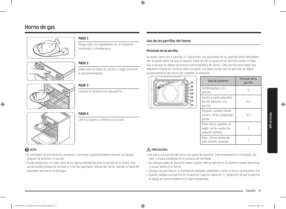 Horno de gas, Uso de las parrillas del horno | Samsung 30 Inch Slide-in Gas Smart Range Owner Manual User Manual | Page 67 / 144