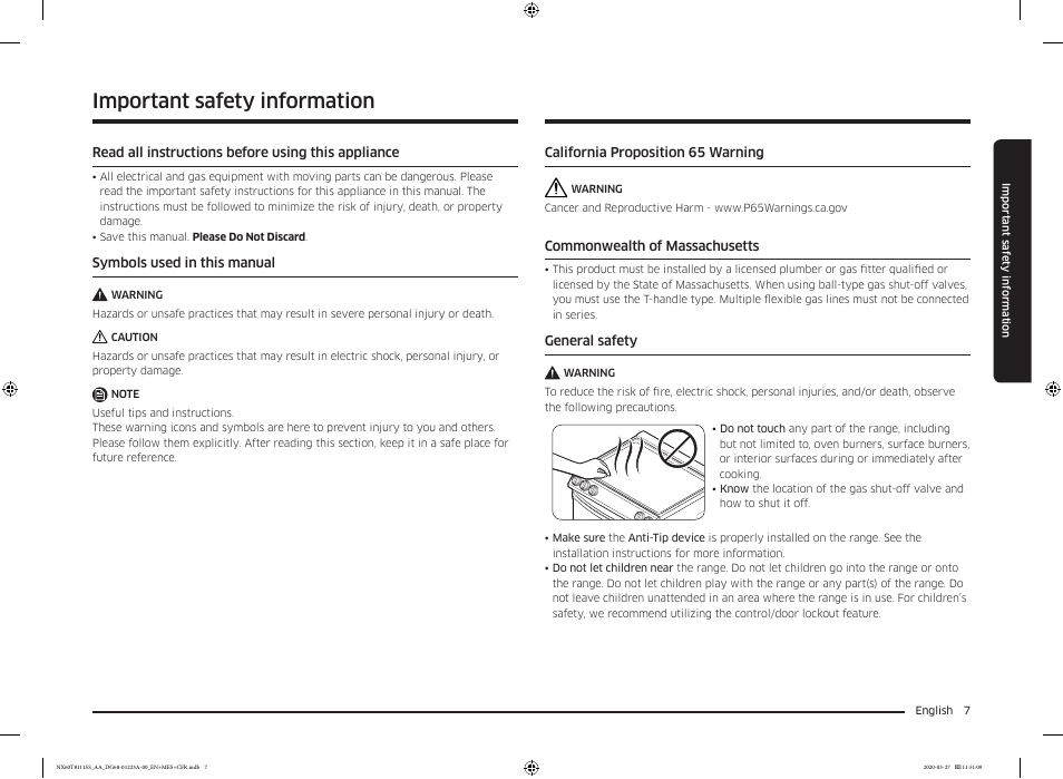 Important safety information | Samsung 30 Inch Slide-in Gas Smart Range Owner Manual User Manual | Page 7 / 144