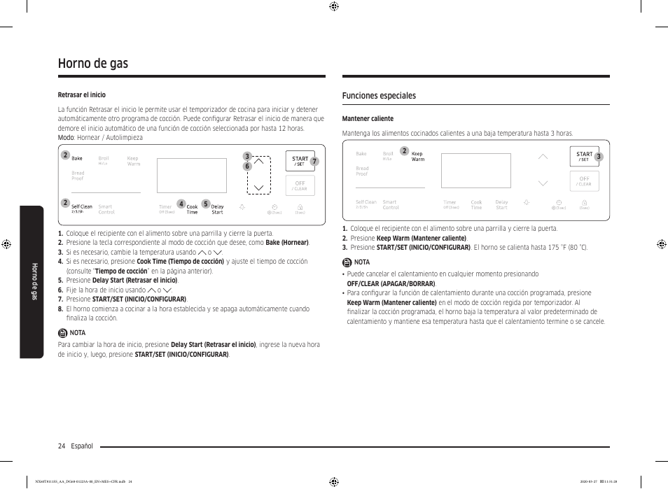 Funciones especiales, Horno de gas | Samsung 30 Inch Slide-in Gas Smart Range Owner Manual User Manual | Page 72 / 144