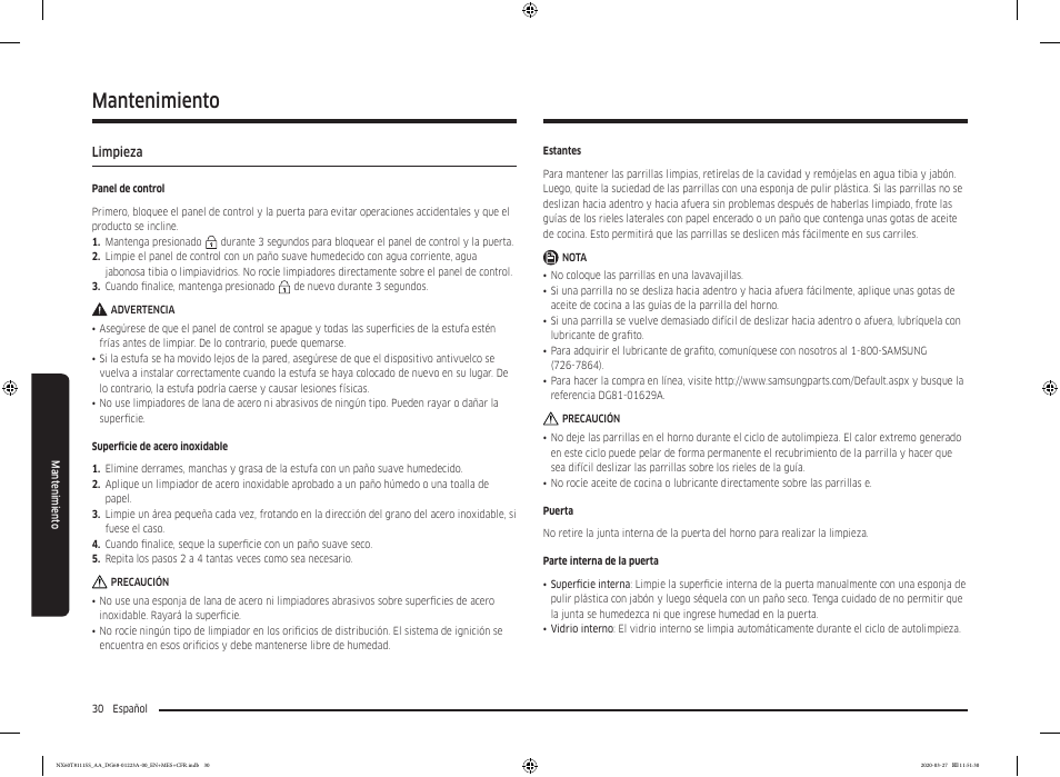 Mantenimiento, Limpieza, Limpieza 30 | Samsung 30 Inch Slide-in Gas Smart Range Owner Manual User Manual | Page 78 / 144