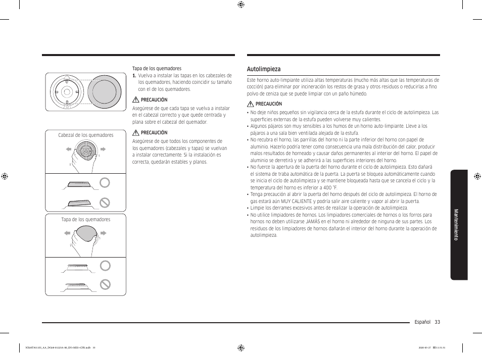 Autolimpieza, Autolimpieza 33 | Samsung 30 Inch Slide-in Gas Smart Range Owner Manual User Manual | Page 81 / 144