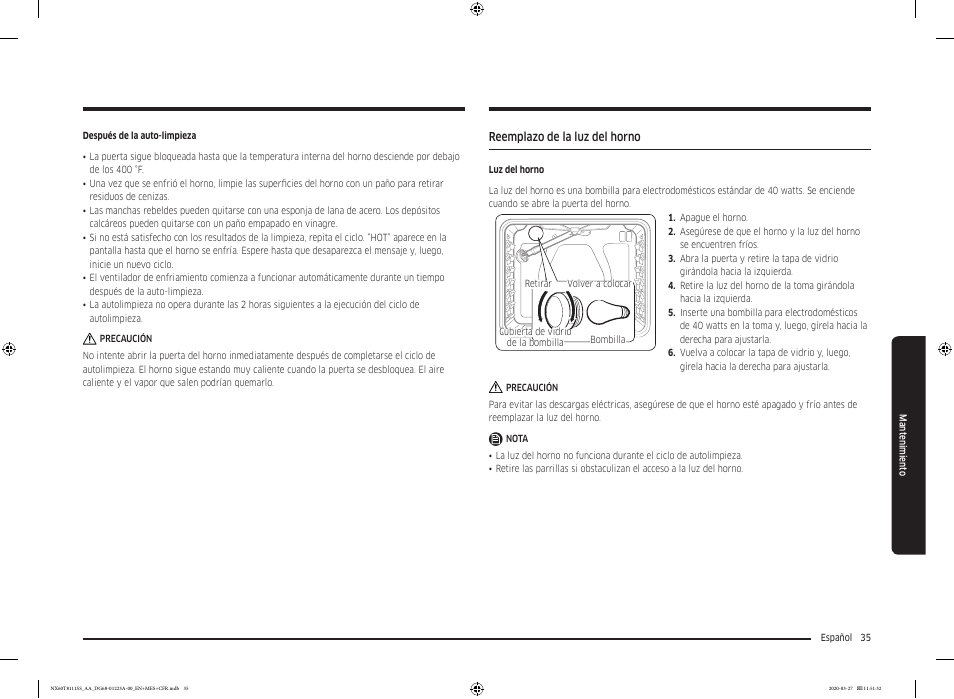 Reemplazo de la luz del horno | Samsung 30 Inch Slide-in Gas Smart Range Owner Manual User Manual | Page 83 / 144