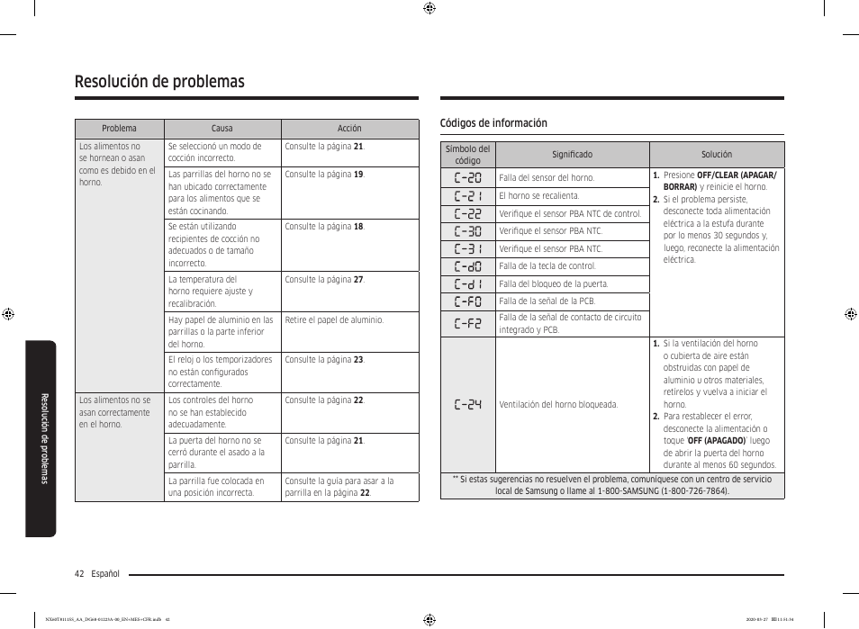 Códigos de información, Resolución de problemas | Samsung 30 Inch Slide-in Gas Smart Range Owner Manual User Manual | Page 90 / 144