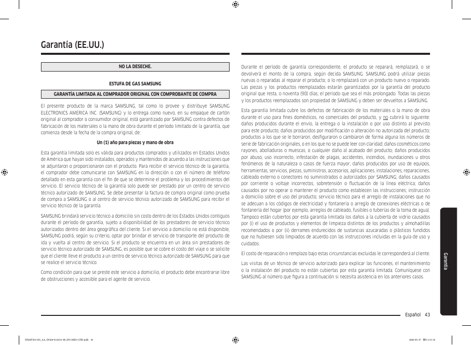 Garantía (ee.uu.) | Samsung 30 Inch Slide-in Gas Smart Range Owner Manual User Manual | Page 91 / 144