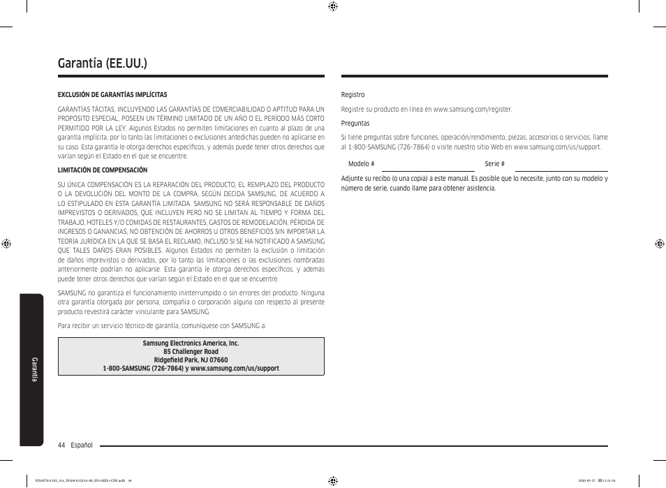 Garantía, Garantía (ee.uu.) | Samsung 30 Inch Slide-in Gas Smart Range Owner Manual User Manual | Page 92 / 144