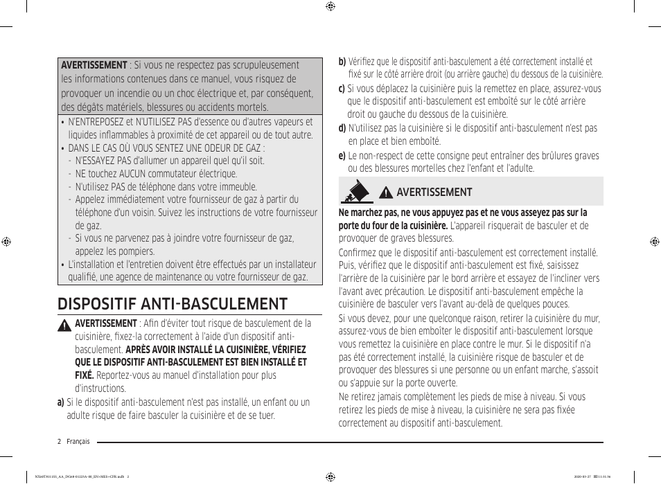 Dispositif anti-basculement | Samsung 30 Inch Slide-in Gas Smart Range Owner Manual User Manual | Page 98 / 144